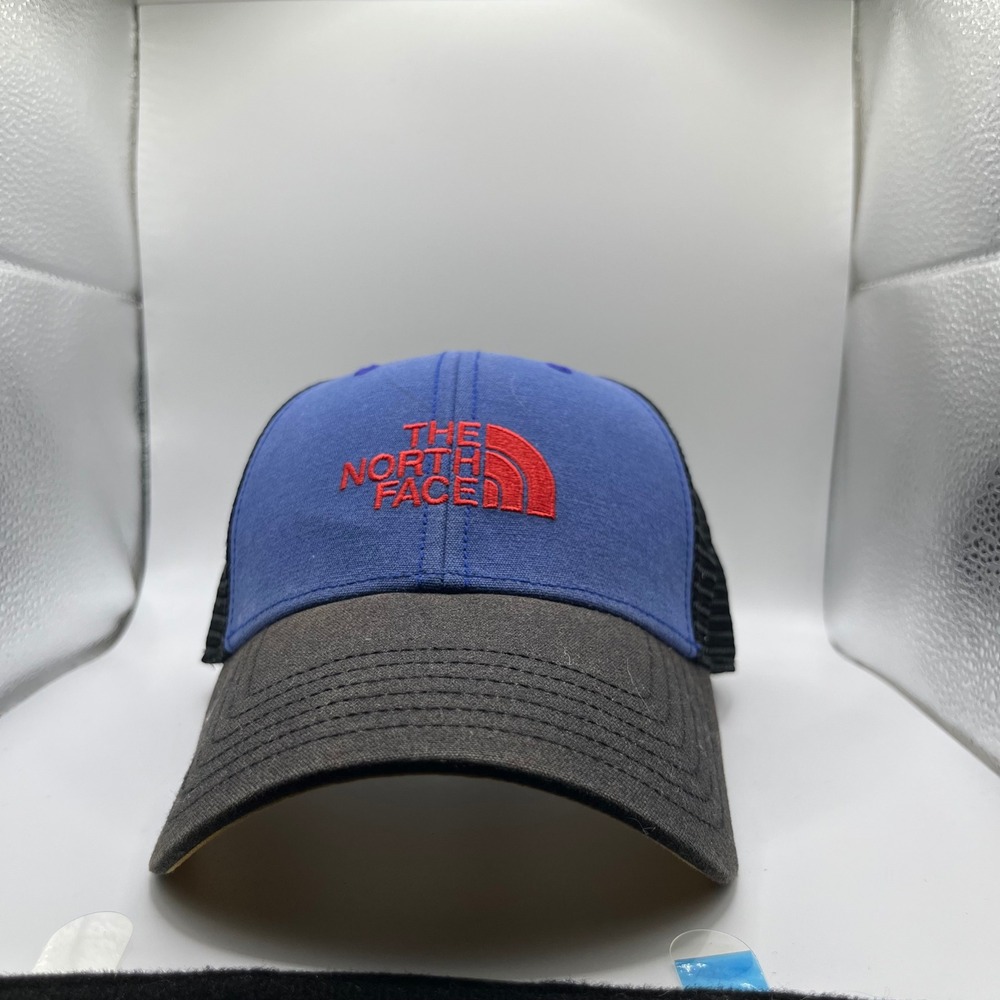 VTG The North Face Trucker Hat Mens Blue Black Grey Red Logo Snapback Cap 90s